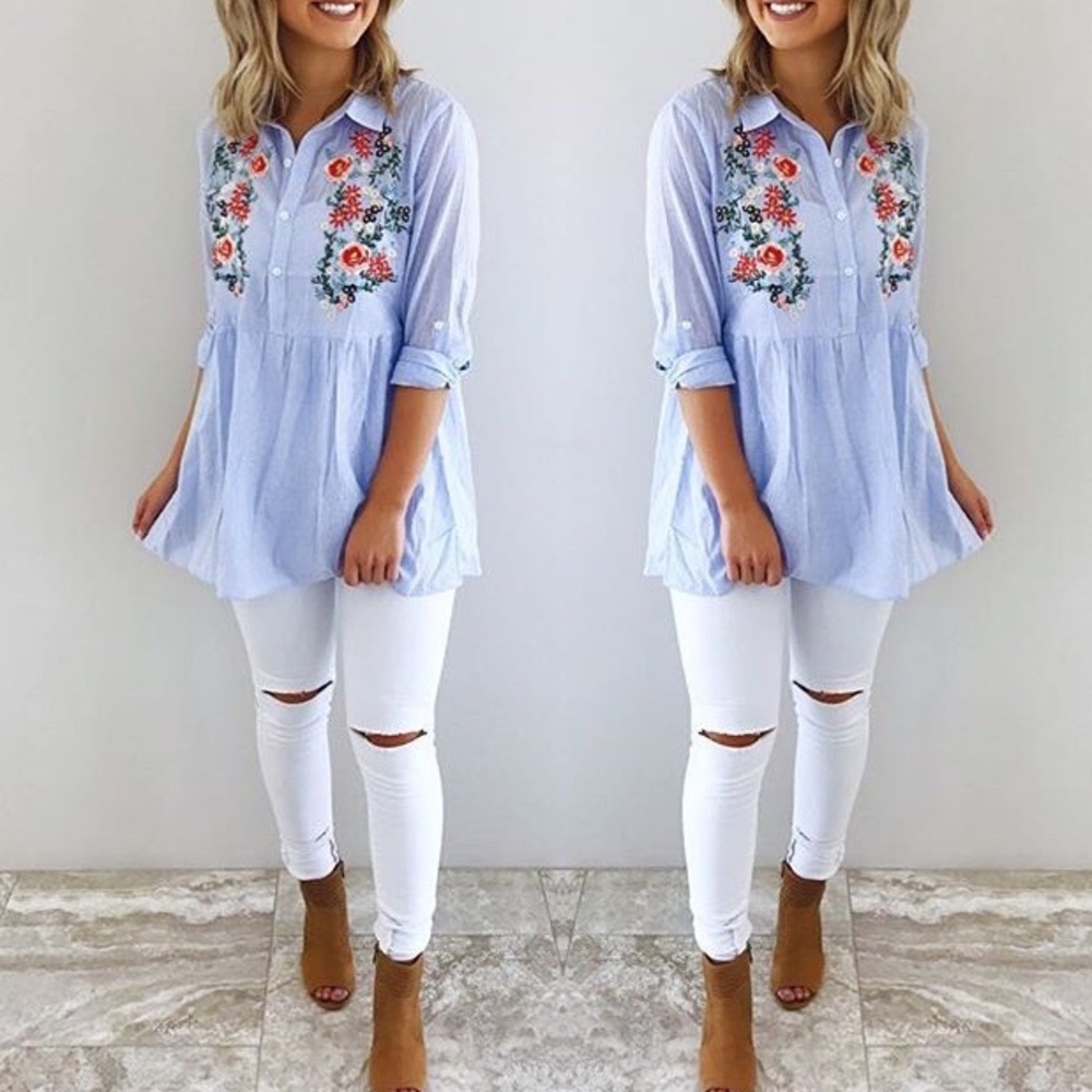 Embroidered pinstripe button up (M)
